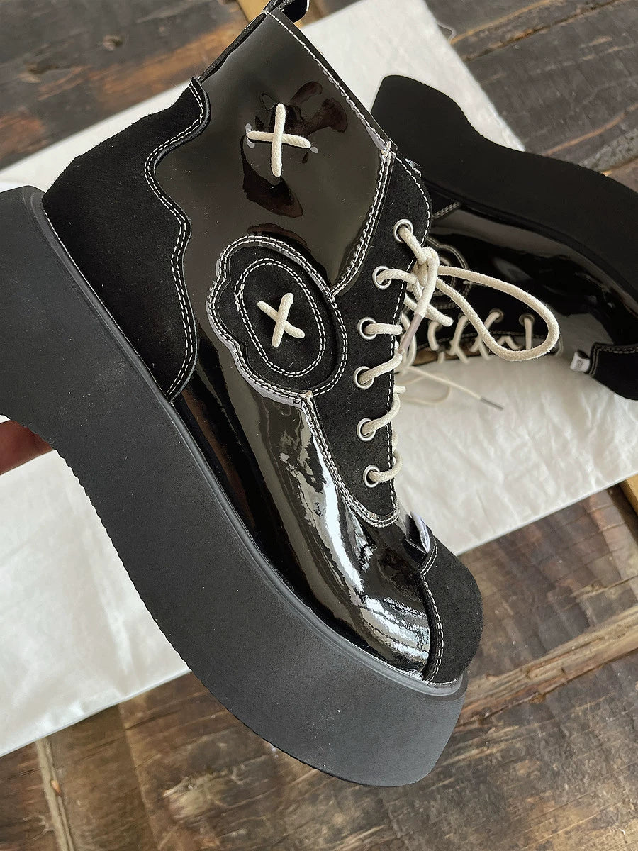 Women Autumen PU Cool Platform Soft Sole Lace-Up Boots