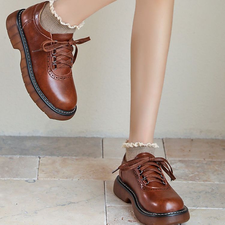 Women Retro Lace- Up Genuine Leather Casual Shoes