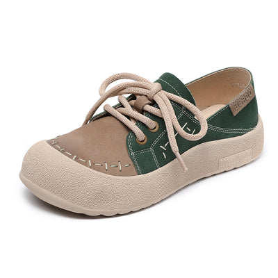 Women Color Block Genuine Leather Flat Casual Shoes