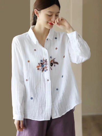 Autumn Retro Cotton Embroidered Casual Comfortable Loose Shirt