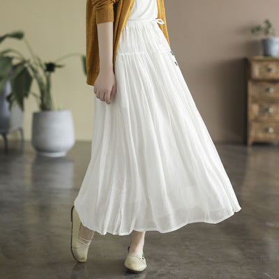 Casual Solid Color High Waist Pleated Cotton Linen A-Line Skirt