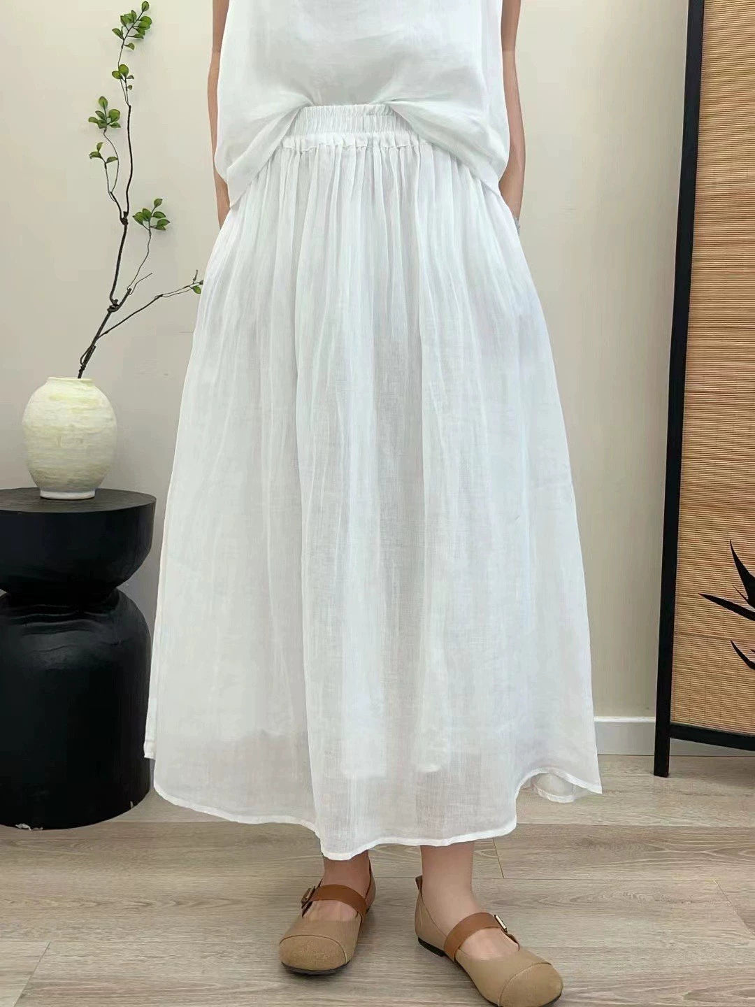 Summer Retro Ramie Elastic Waist Loose Solid Color Skirt