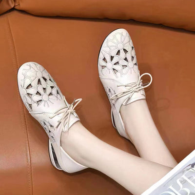 Women Summer Breathable Hollow Leather Soft Cowhide Flats