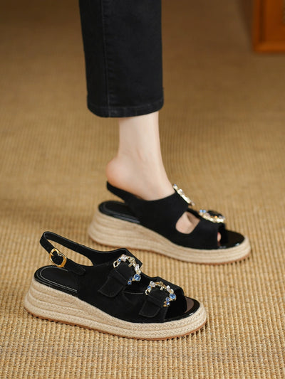 Retro Sheepskin Leather Open Toe Woven Diamond Shoes