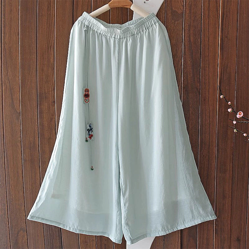 Summer Retro Linen Breathable Elastic Waist Tassel Pants