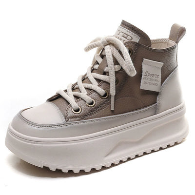 Women Retro Leather Patchwork Platform Lace-Up Shoes