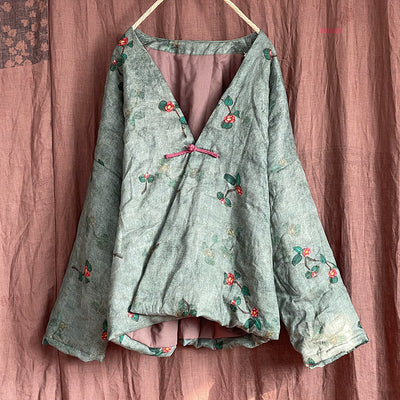 Women Chinese Style Vintage Printed Cotton Linen Coat