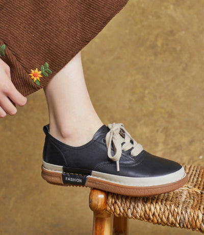 Women Genuine Leather Round Toe Lace-Up Flat Casual Shoes
