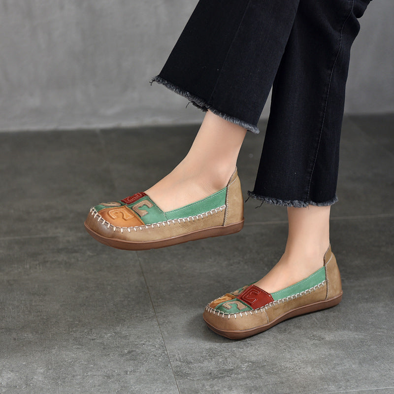 Babakud Women Spring Vintage Colorblock Handmade Leather Flats