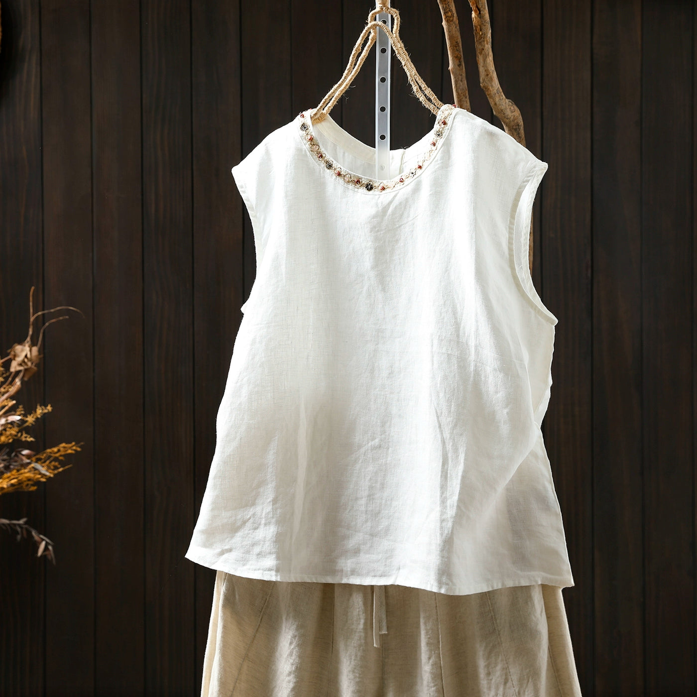 Women Summer Cool Linen Round Neck Sleeveless Tank Top