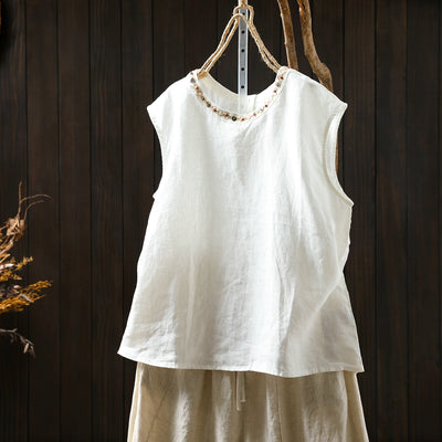 Women Summer Cool Linen Round Neck Sleeveless Tank Top