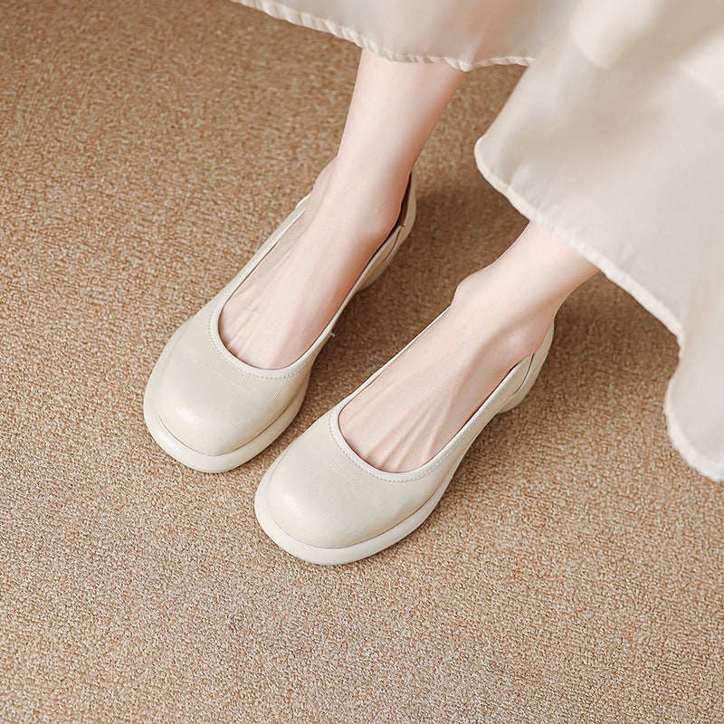 Retro Leather Round Toe Shallow Chunky Slip-On Shoes