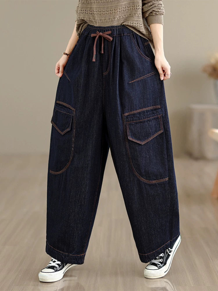 Casual Denim Embroidered Elastic Waist Lace-Up Harem Jeans