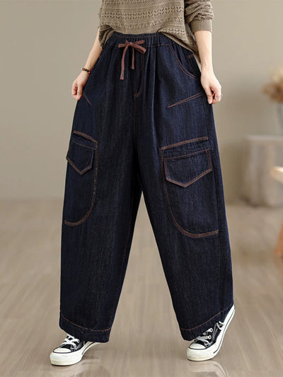 Casual Denim Embroidered Elastic Waist Lace-Up Harem Jeans