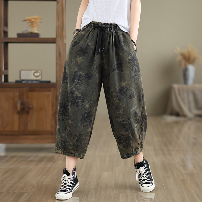 Women Spring Retro Denim Printed Floral Harem Pants