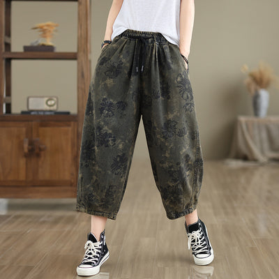 Women Spring Retro Denim Printed Floral Harem Pants