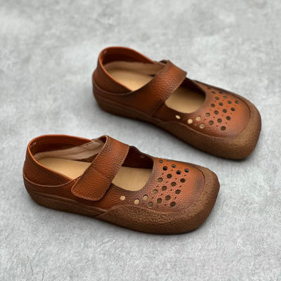 Women Trendy Retro Square Toe Hollow Genuine Leather Sandals