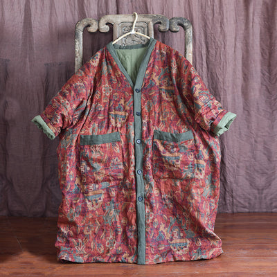 Warm Cozy Thick Vintage Bohemian Floral Quilted Long Cotton Linen Coat
