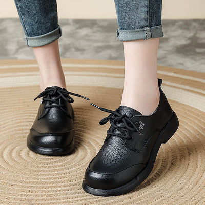 Genuine Leather Summer Retro Chunky Soft Sole Lace-Up Flats Shoes
