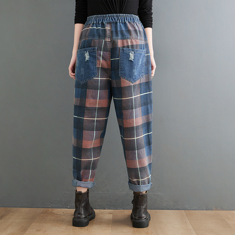 Women Spring Retro Denim Plaid Casual Trousers
