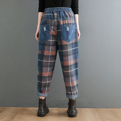 Women Spring Retro Denim Plaid Casual Trousers