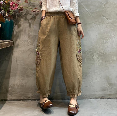 Women Vintage Embroidered Lace Cotton Linen Harem Pants