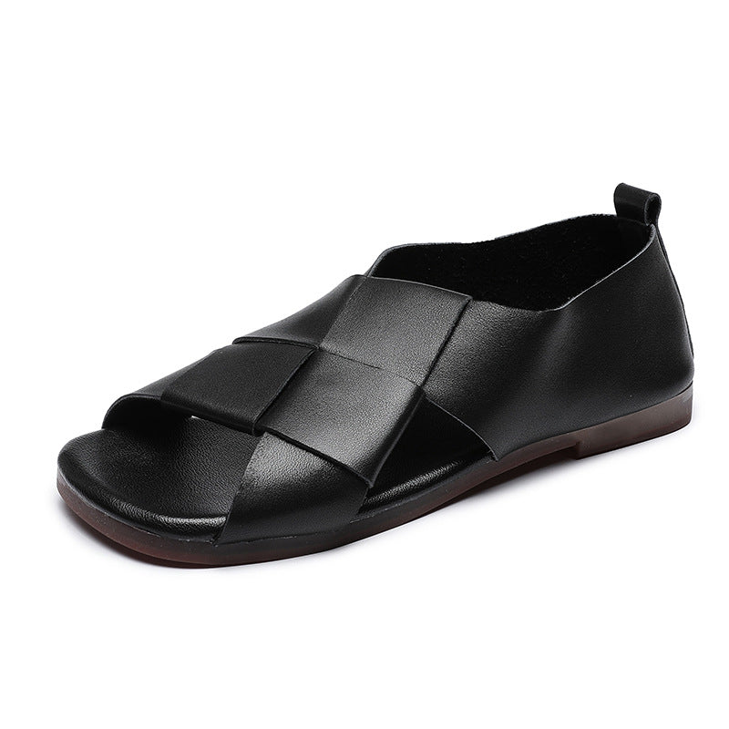 Women Retro Leather Casual Patchwork Open Toe Flat Sole Sandals