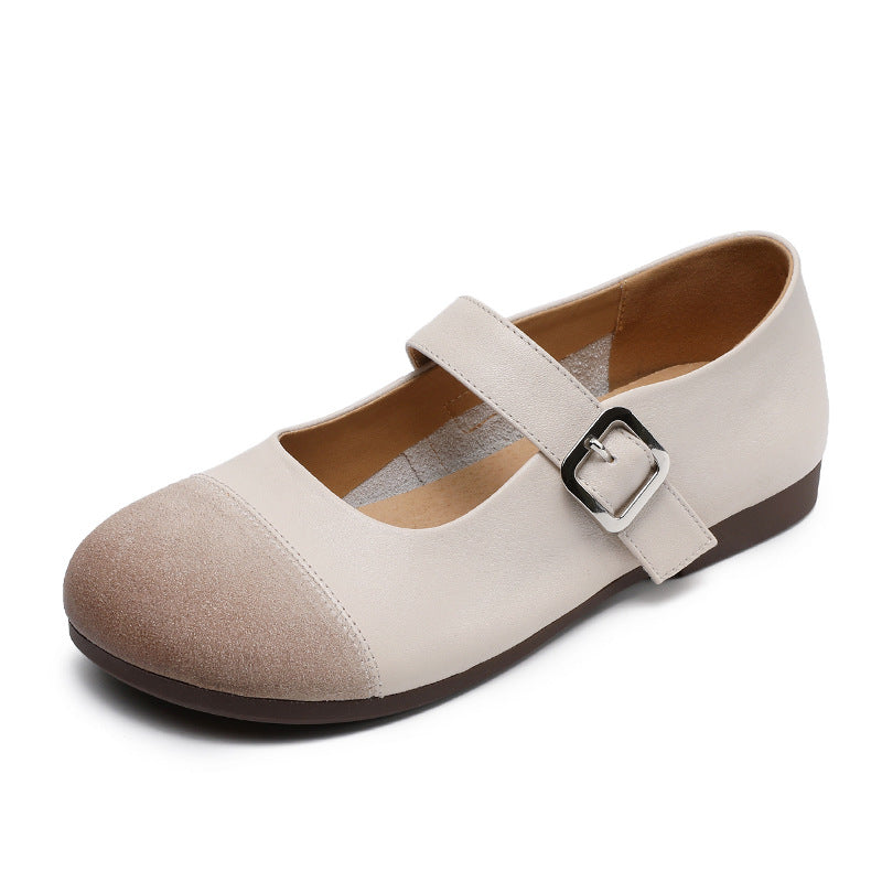 Elegant Genuine Leather Sueded Patchwork One Straped Flats