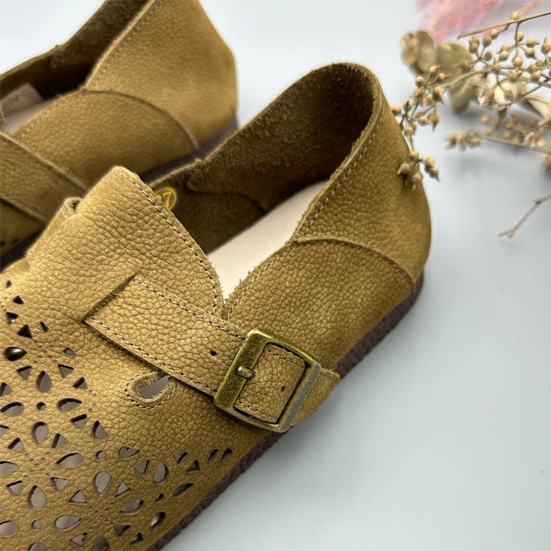 Babakud Retro Leather Casual Hollow Closed Soft Sole Flats Shoes