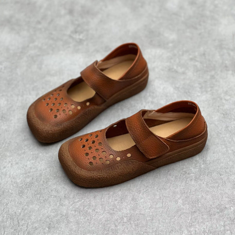Women Trendy Retro Square Toe Hollow Genuine Leather Sandals
