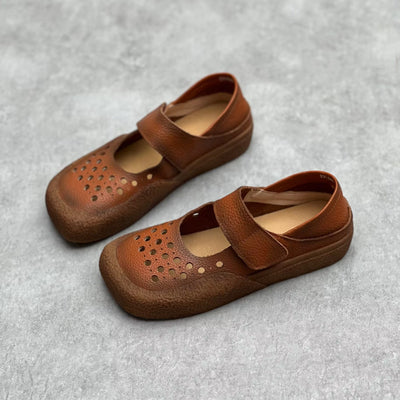 Women Trendy Retro Square Toe Hollow Genuine Leather Sandals