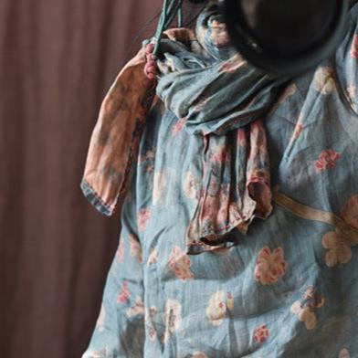 Vintage Distressed Printed Long Patchwork Ramie Scarf