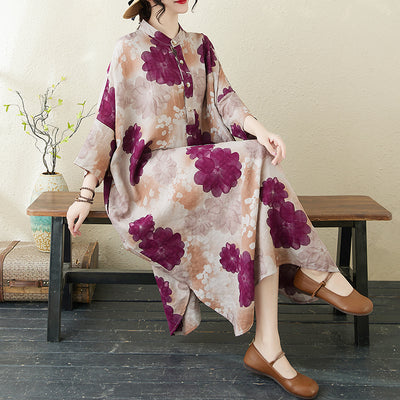 Women Spring Retro Cotton-Linen Printed Blossom Maxi Dress