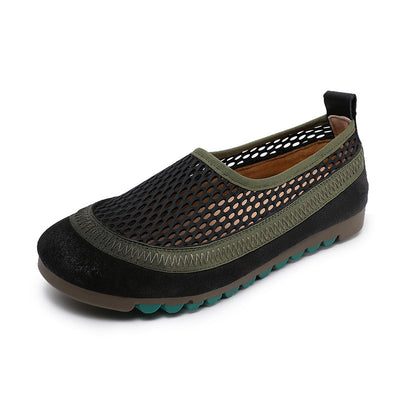 Women Summer Retro Leather Mesh Hollow Soft Flats
