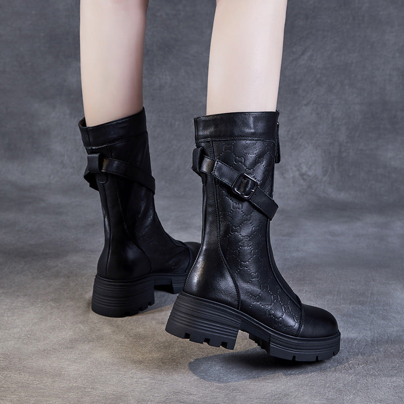 Babakud Autumn Leather Printed Round Toe Front Zipper Boots