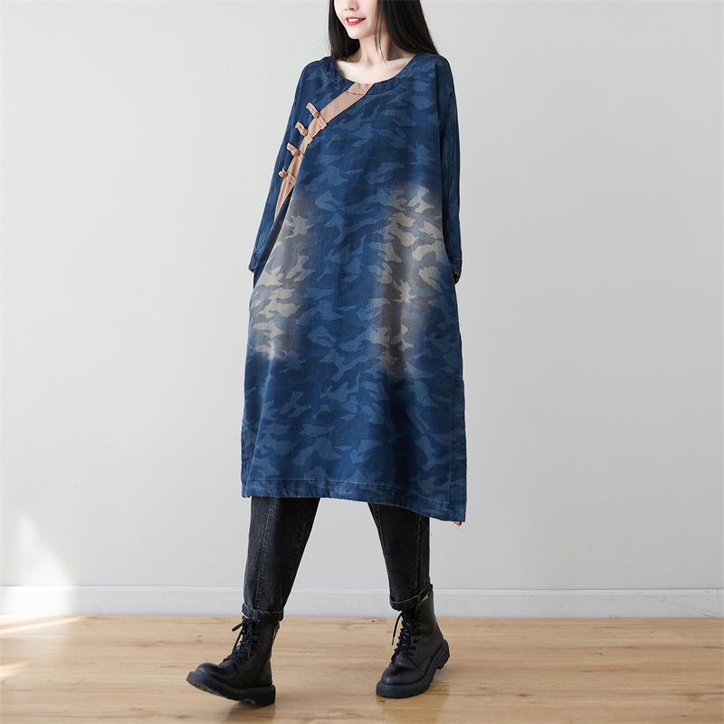 Spring Retro Washed Camouflage Round Neck Denim Midi Dresses
