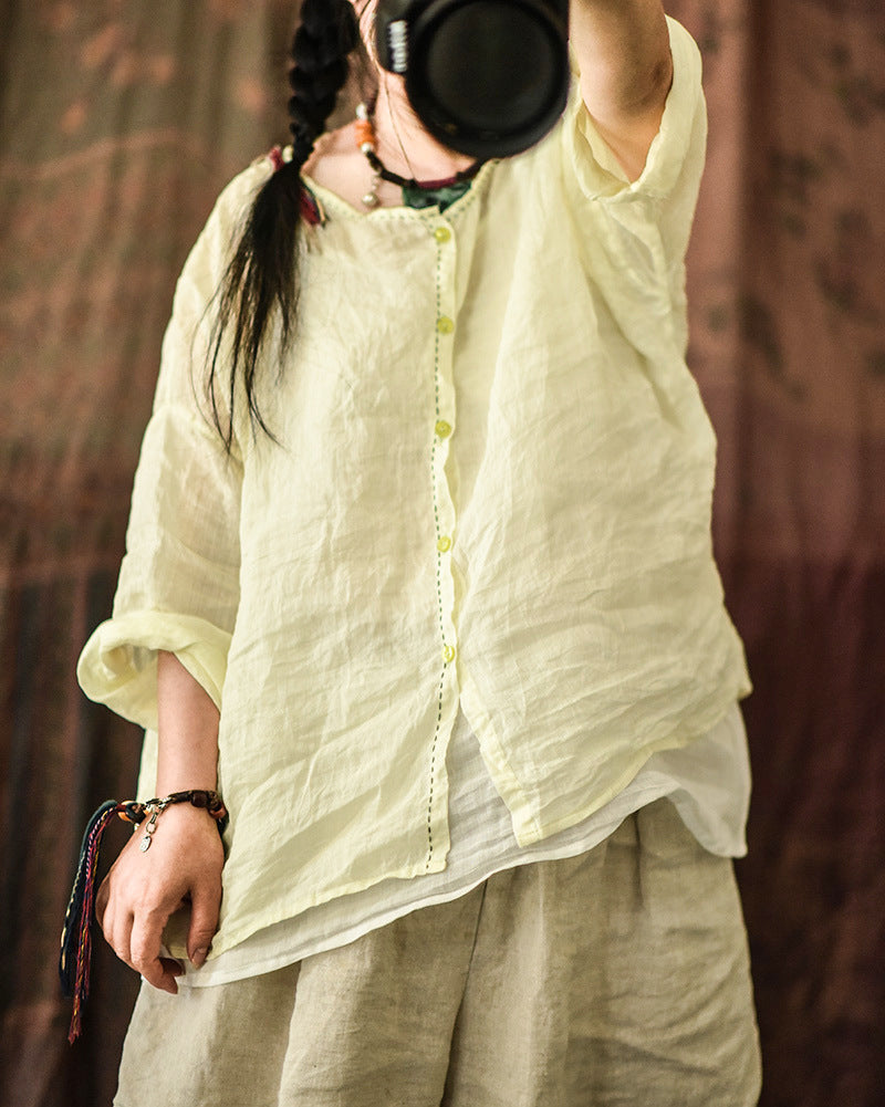 Women's Retro Lightweight Loose Long Sleeves Ramie Shirt