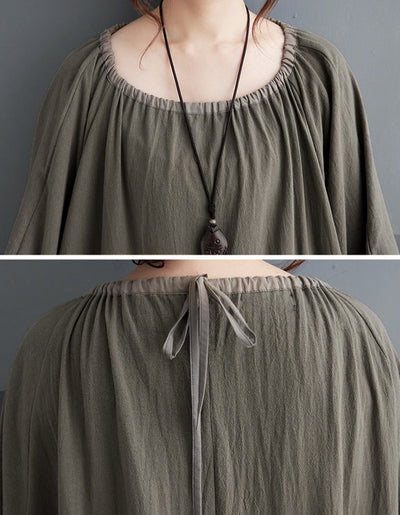 Green Ruffled Drawstring Lantern Sleeves Cotton Linen Dresses