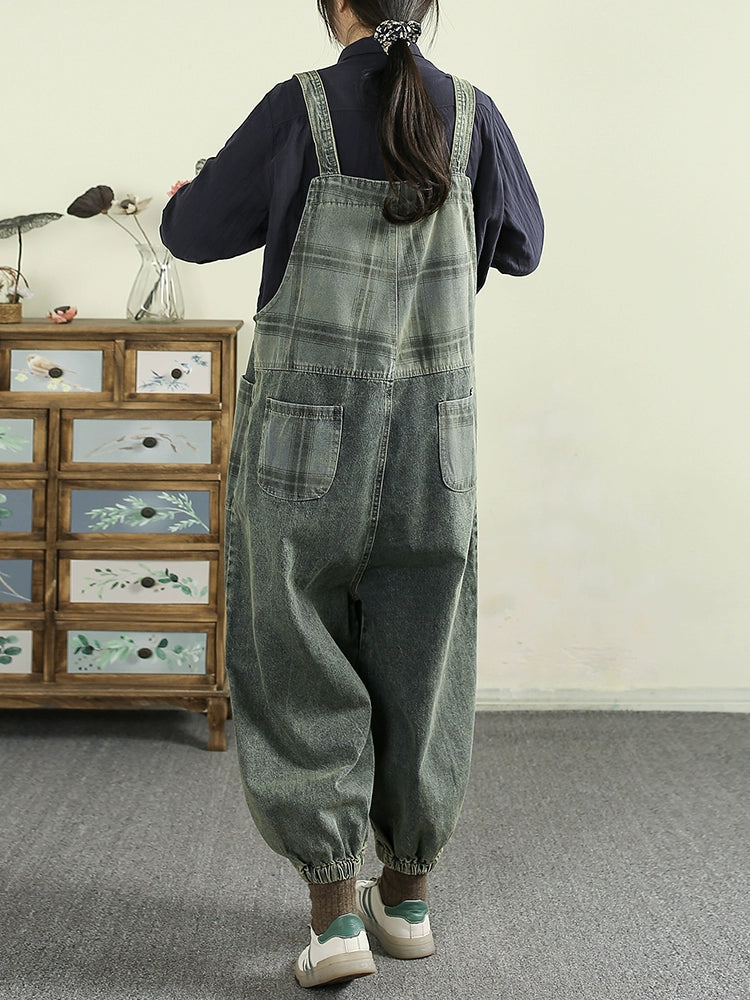 Women Spring Vintage Cotton Denim Patchwork Loose Jumpsuit