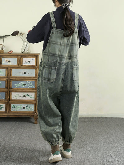 Women Spring Vintage Cotton Denim Patchwork Loose Jumpsuit