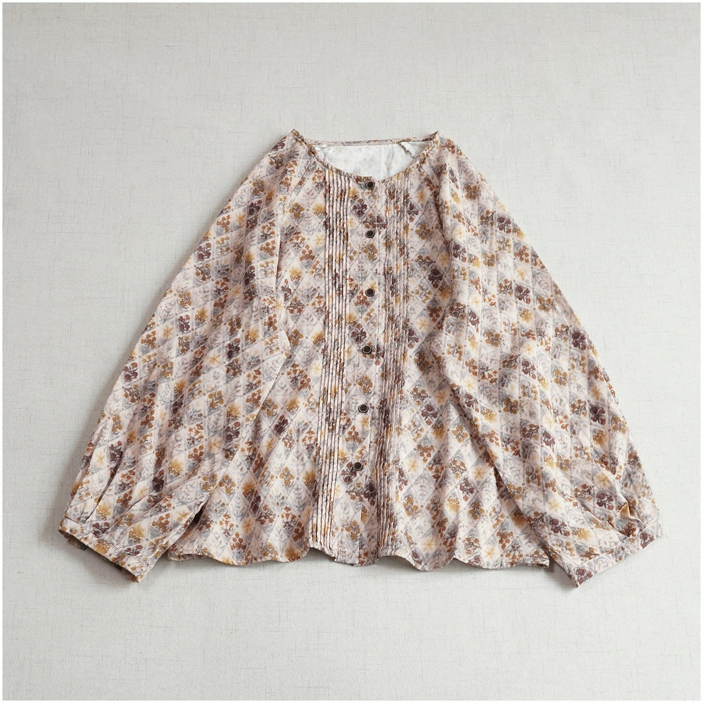 Retro Cotton Floral Printed Round Neck Single Breasted Shirt