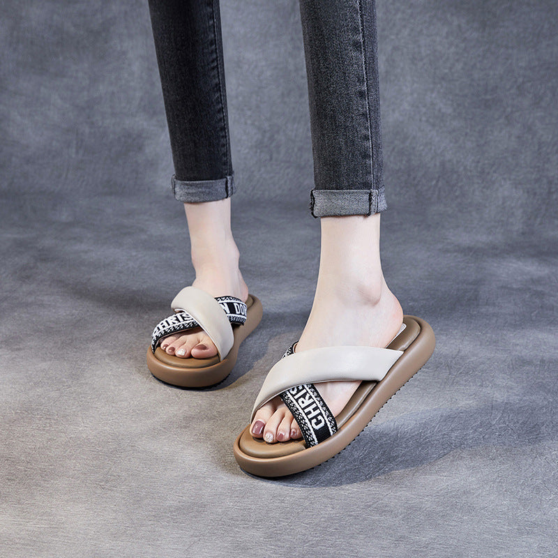 Babakud Fashionable Genuine Leather Patchwork Letters Slippers
