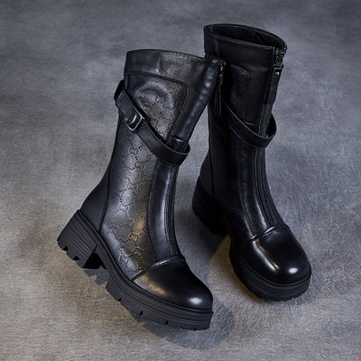 Babakud Autumn Leather Printed Round Toe Front Zipper Boots