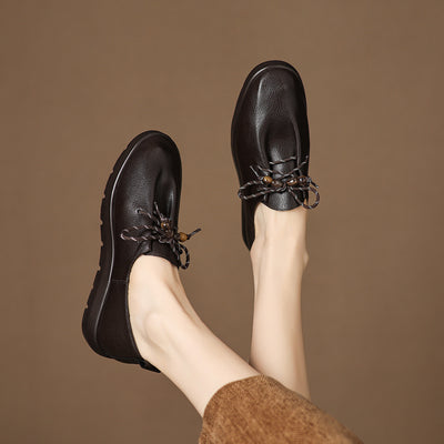 Sheepskin Leather Round Toe Lace-Up Shallow Loafer Shoes