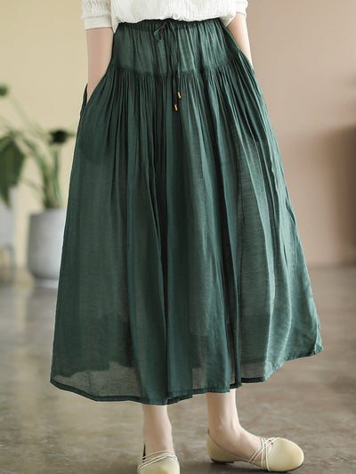 Casual Solid Color High Waist Pleated Cotton Linen A-Line Skirt
