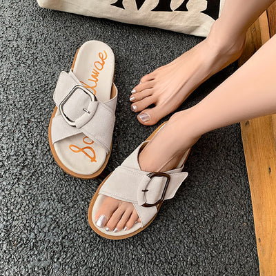 Women Summer Leather Suede Flat Sole Crossover Strap Slides