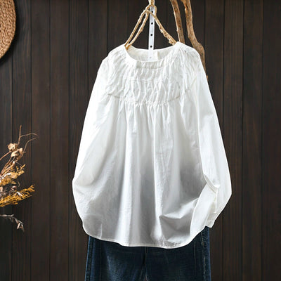 Women Spring Retro Pure Cotton Solid Color Long Sleeve Shirt