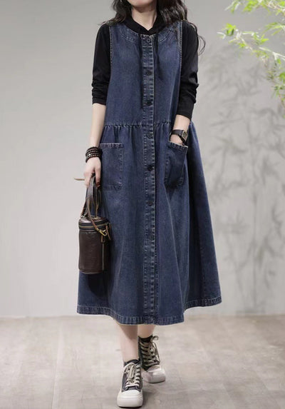 Casual Fashion Ruched Pockets Sleeveless Denim Midi Dresses