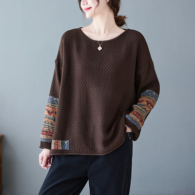 Babakud Women Retro Loose Patchwork Winter Knitted Pullover