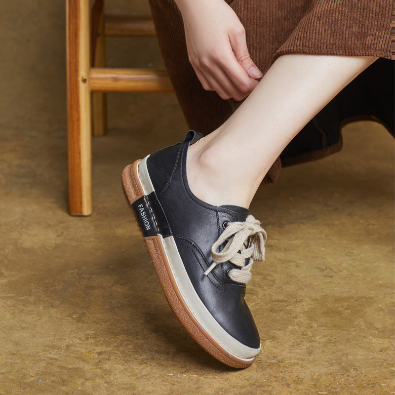 Women Genuine Leather Round Toe Lace-Up Flat Casual Shoes